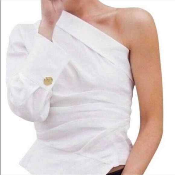 Zara Tops - NWT Zara One Shoulder Asymmetrical Pleated Linen Blend Top White Women XS